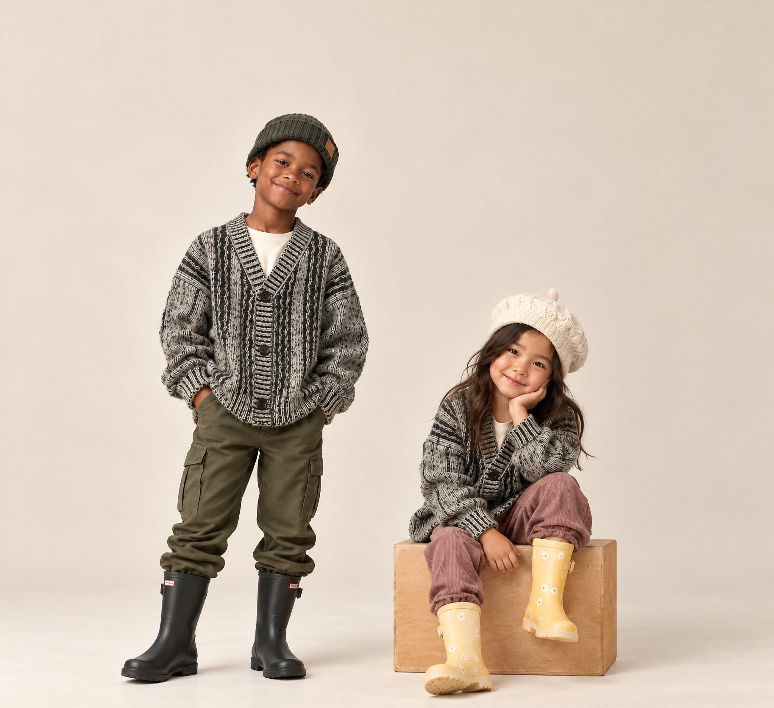 A boy standing and a girl sitting on a wooden crate, both in the marled V-neck cardigan with rain boots