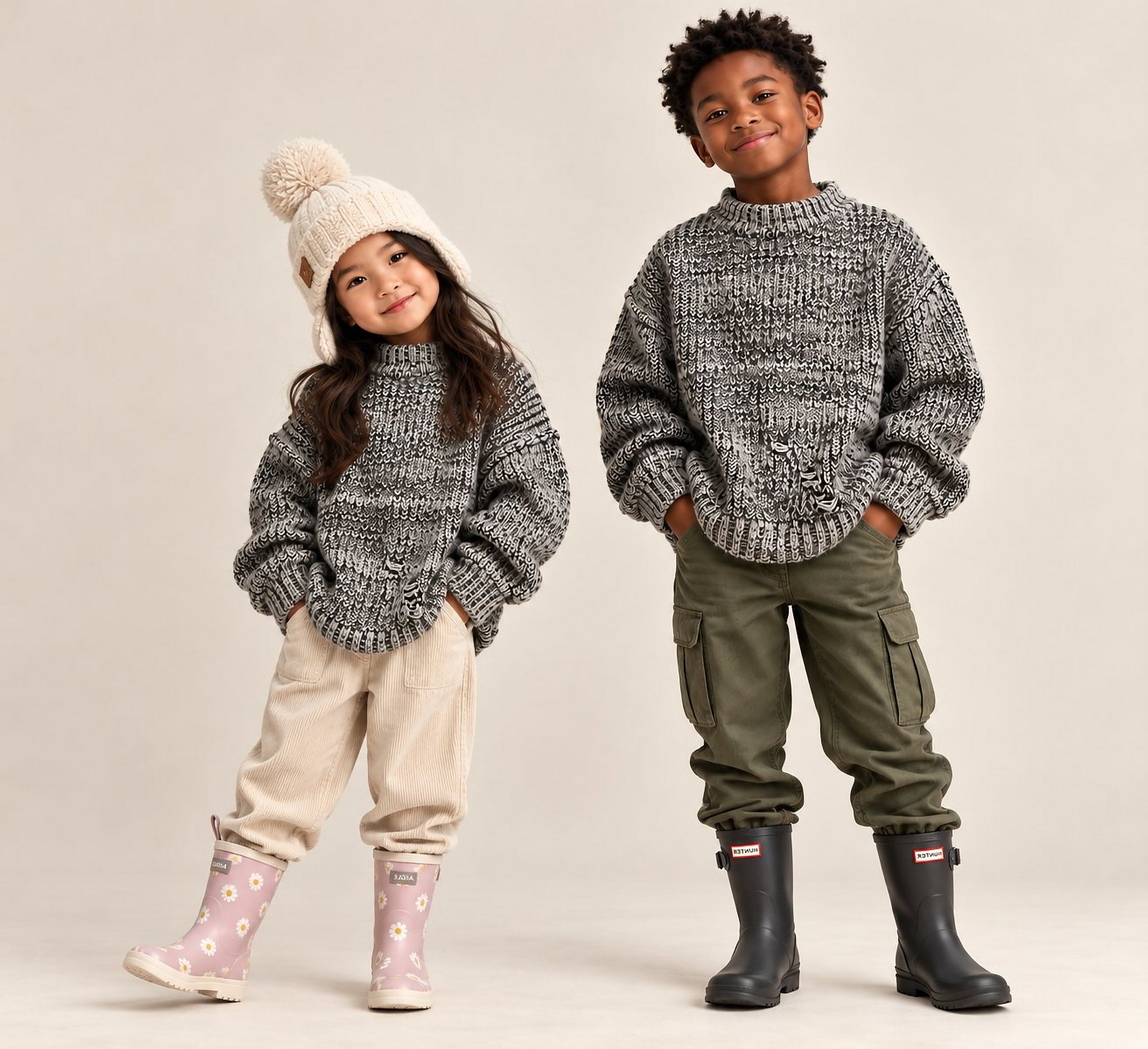A boy and a girl in the marled crew sweater