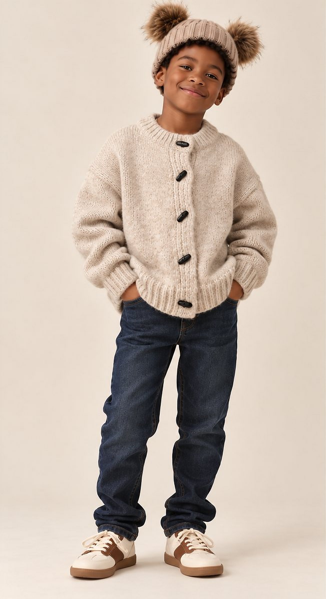 A boy in the oat chunky cardigan and pom-pom beanie