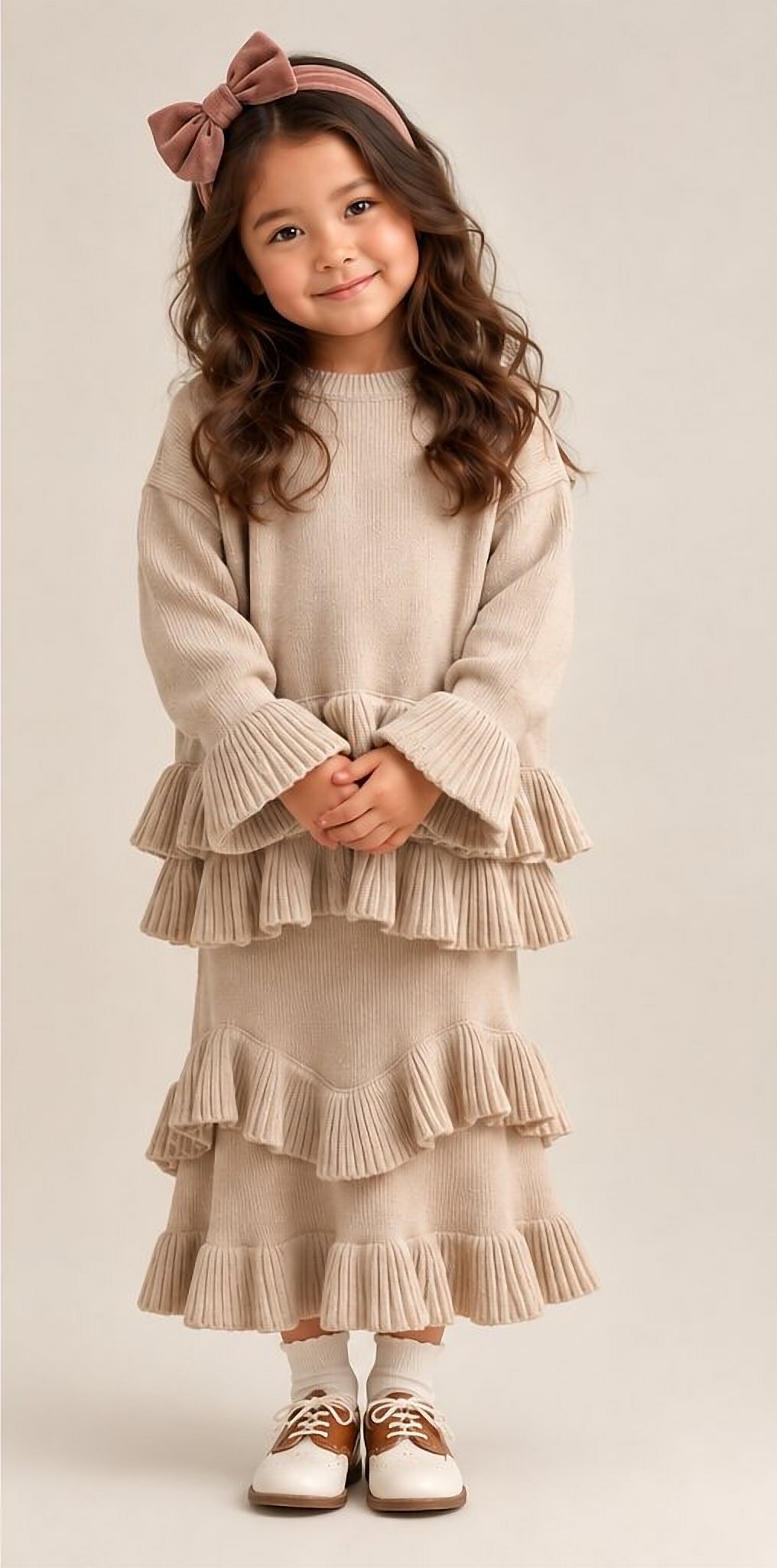 A girl in the sand tiered ruffle dress with a velvet bow