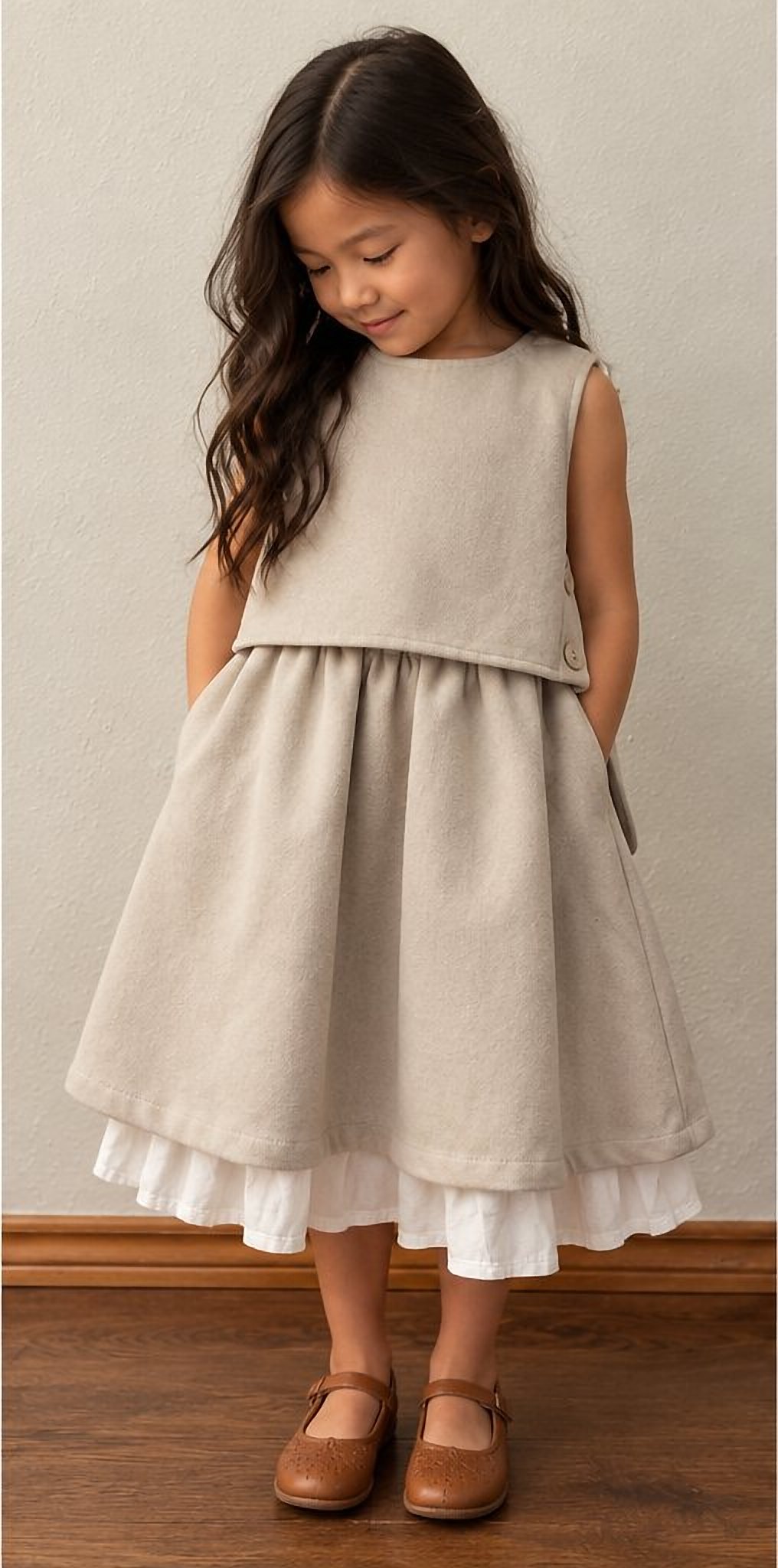 A girl in the cream top and lace-hem skirt set, looking down