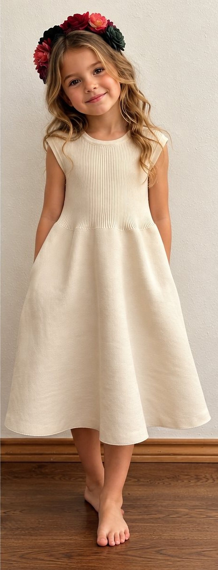 A girl in the cream lace-hem pinafore with a flower crown