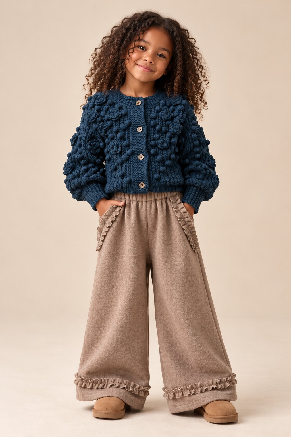 A girl in the teal bobble cardigan and oat flannel bell-bottoms