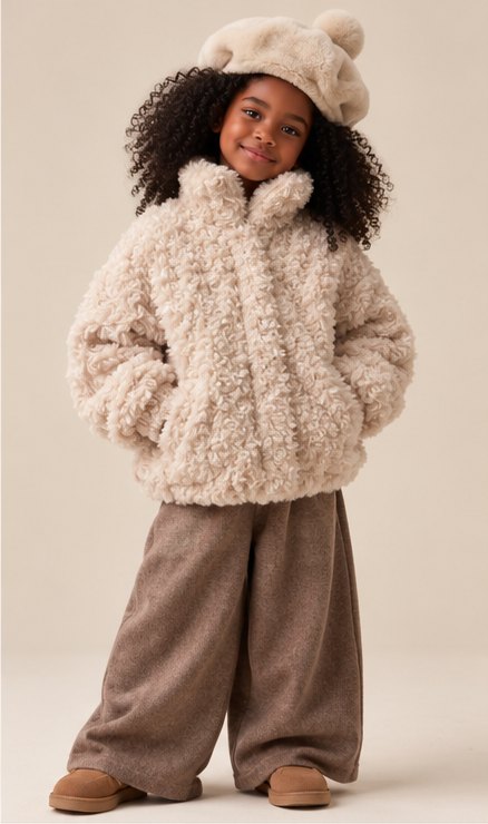 A girl in the cream teddy bomber jacket and taupe balloon trousers