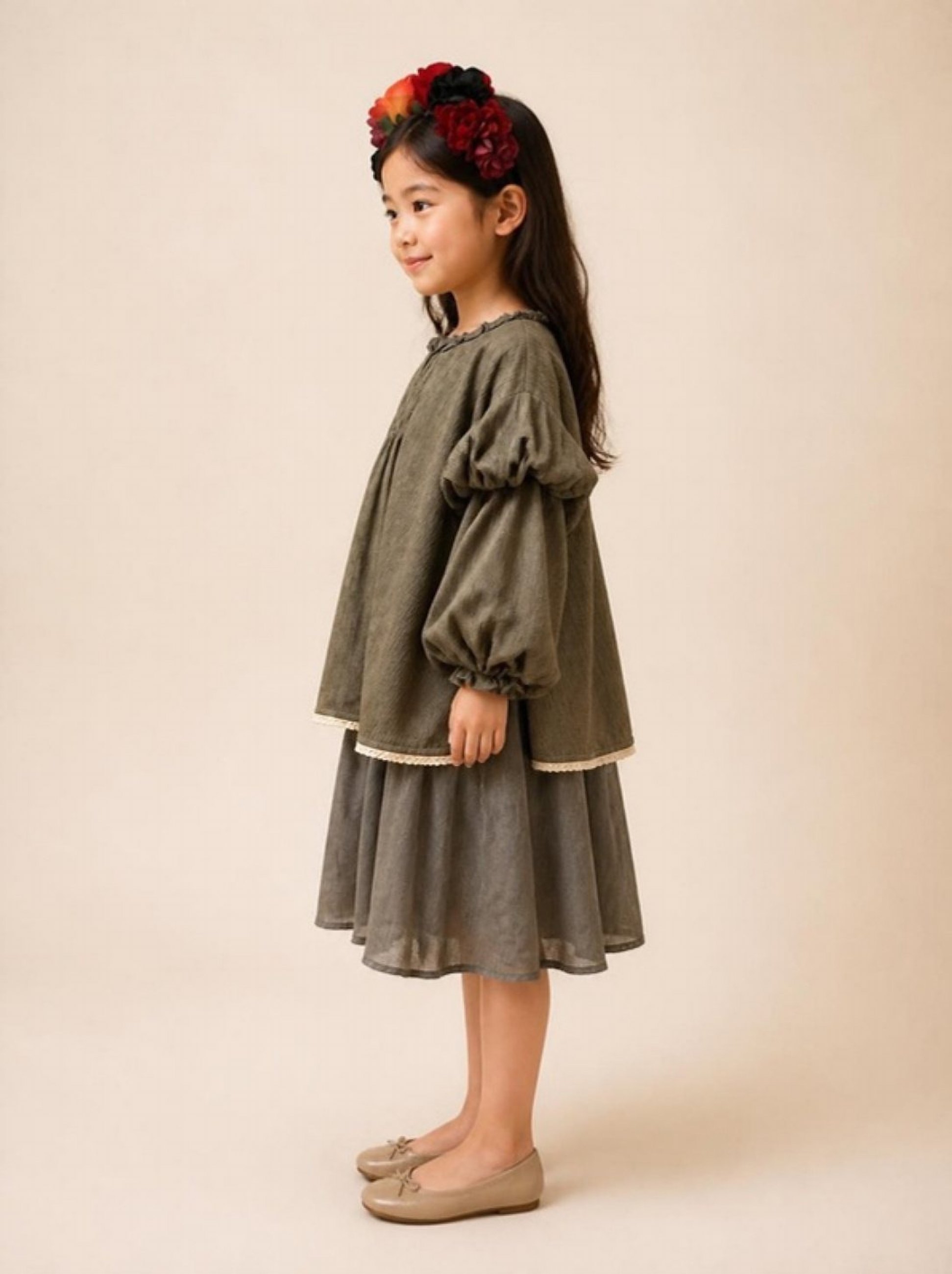 Olive smocked dress, side view