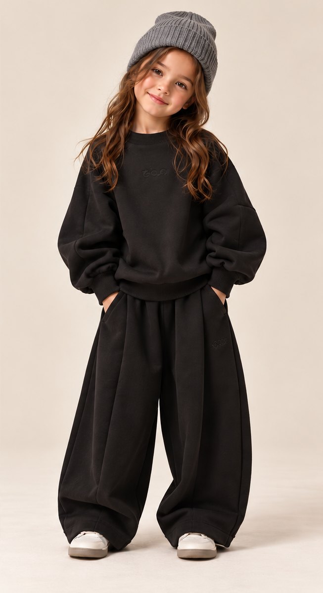 A girl in the black sweatshirt set with a grey beanie