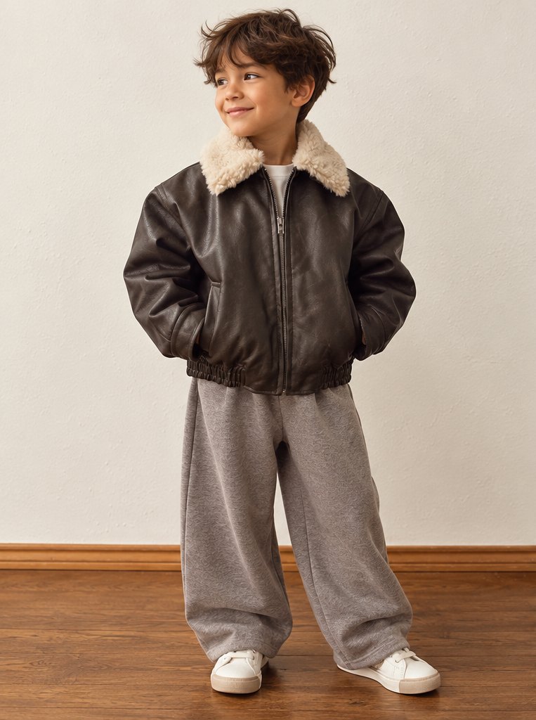 A boy in the espresso leather-look bomber