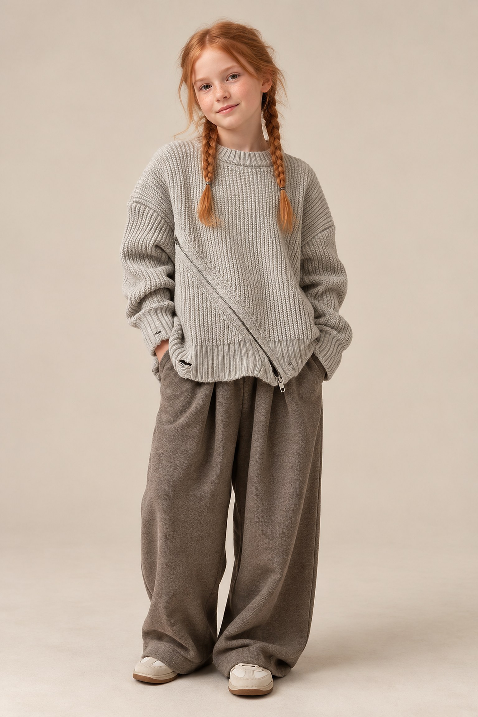 A girl in the pebble asymmetric sweater and taupe trousers