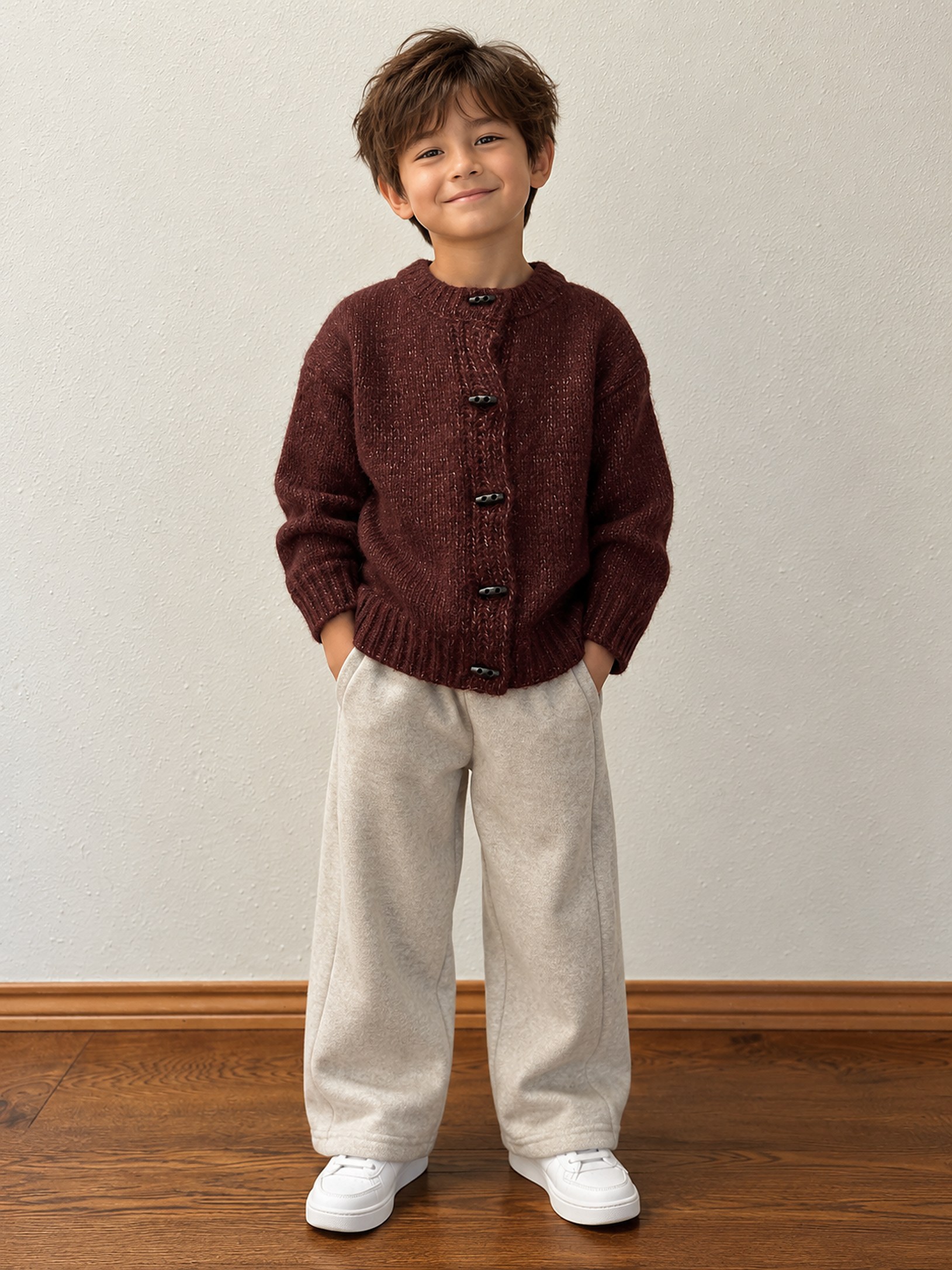 A boy in the burgundy mohair cardigan and oat trousers