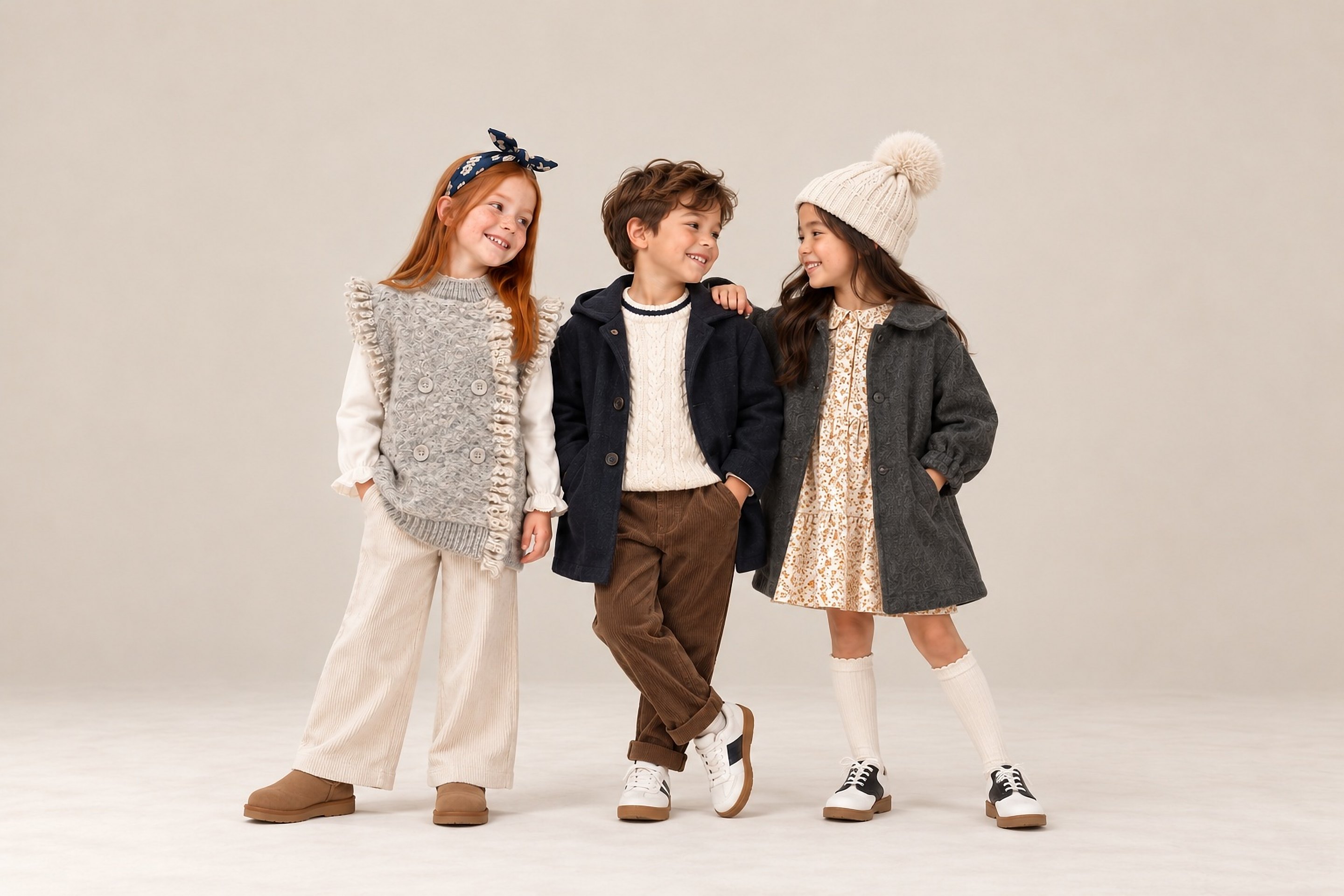 Three children in the studio: a girl in the fringed boucle vest and cream corduroys, a boy in a navy coat over a cable knit, and a girl in the slate wool coat over a floral dress with a pom-pom beanie
